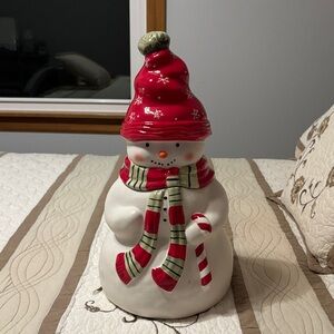 Hallmark Snowman Cookie Jar with Red and Green Accents